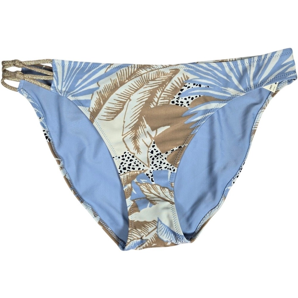 Aerie Women Blue Tan‎ Tropical Palm Leaf Strappy Bikini Bottom Size L 1753-2363